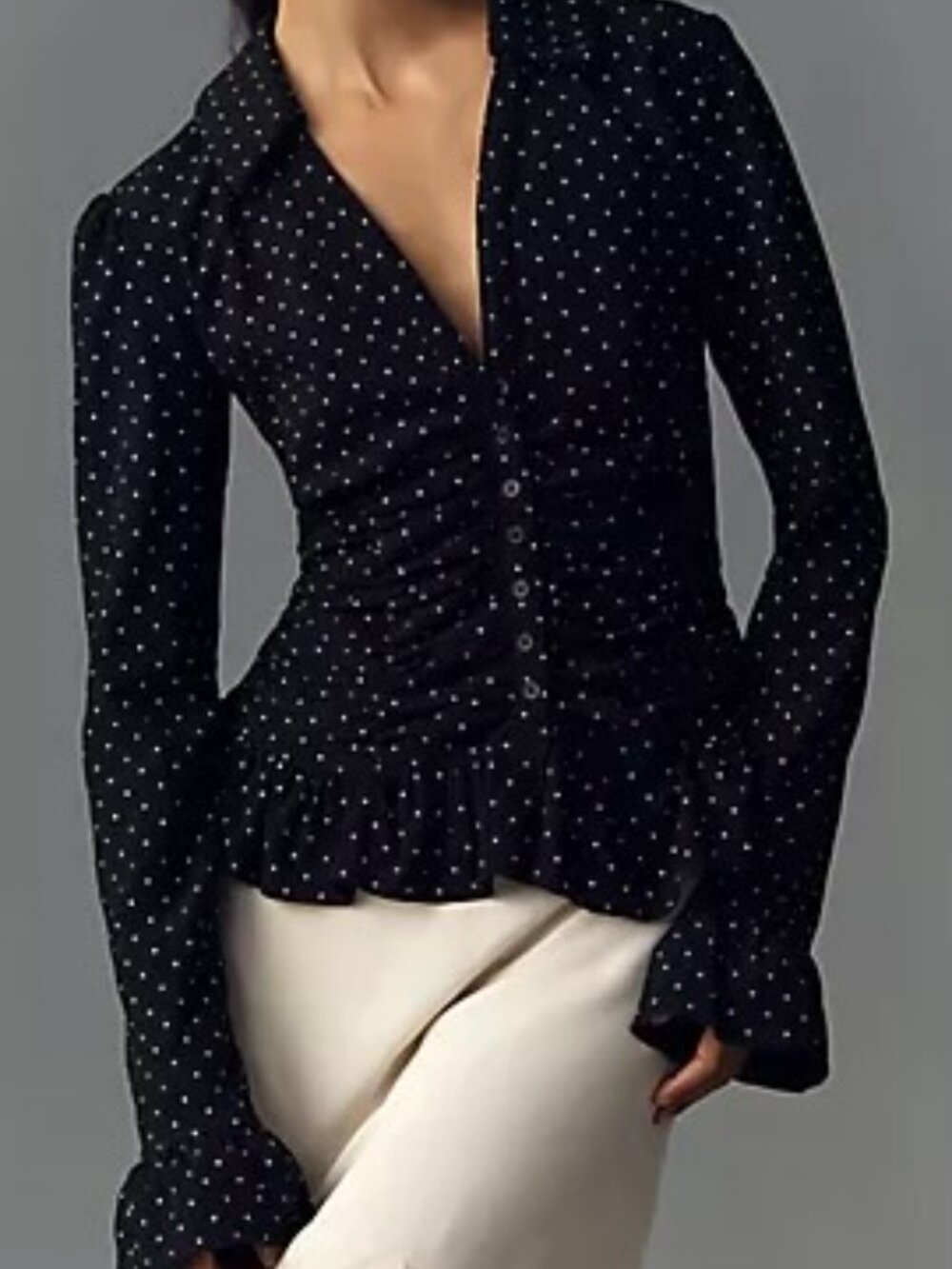 Maeve Black Polka Dot Ruched Peplum Blouse with Ruffle Cuffs